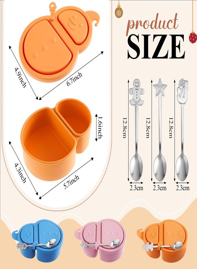 Teecyhooo 3 Set Christmas Silicone Snack Containers with Lids Snowman Reusable Snack Box with Spoons 2 Compartment Leak Proof Portable Small Food Storage Box for Christmas Party Travel, Office, Picnic - Image 3